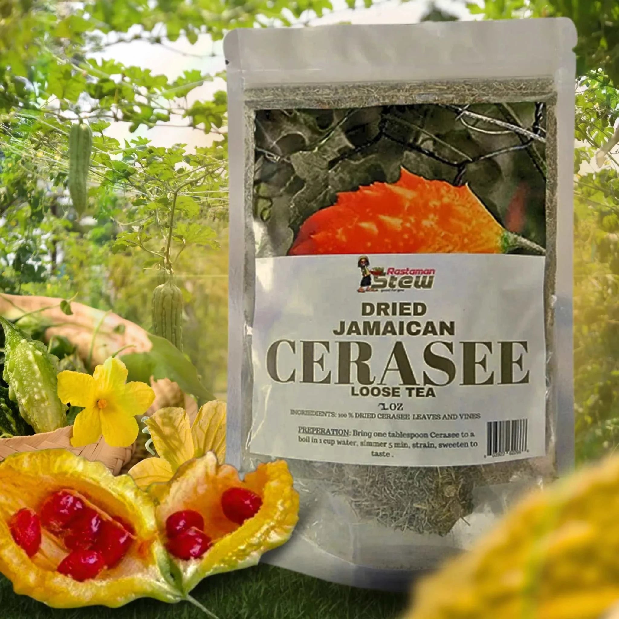 Rastaman Stew's 2oz pack of dried Jamaican Cerasee Loose Tea, perfect for brewing natural bitter melon tea.