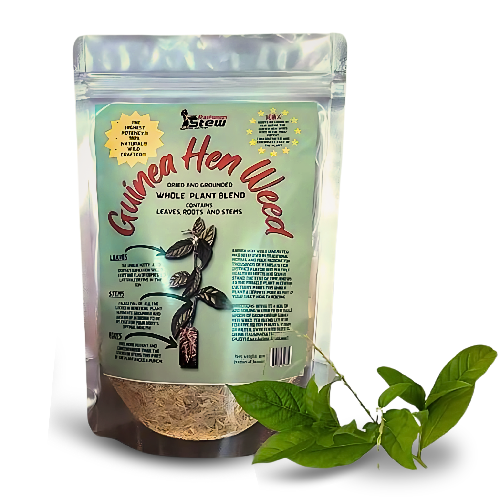 Rastaman Stew Guinea Hen Weed Tea containing natural guinea hen herb leaves, 2oz package for herbal tea brewing.
