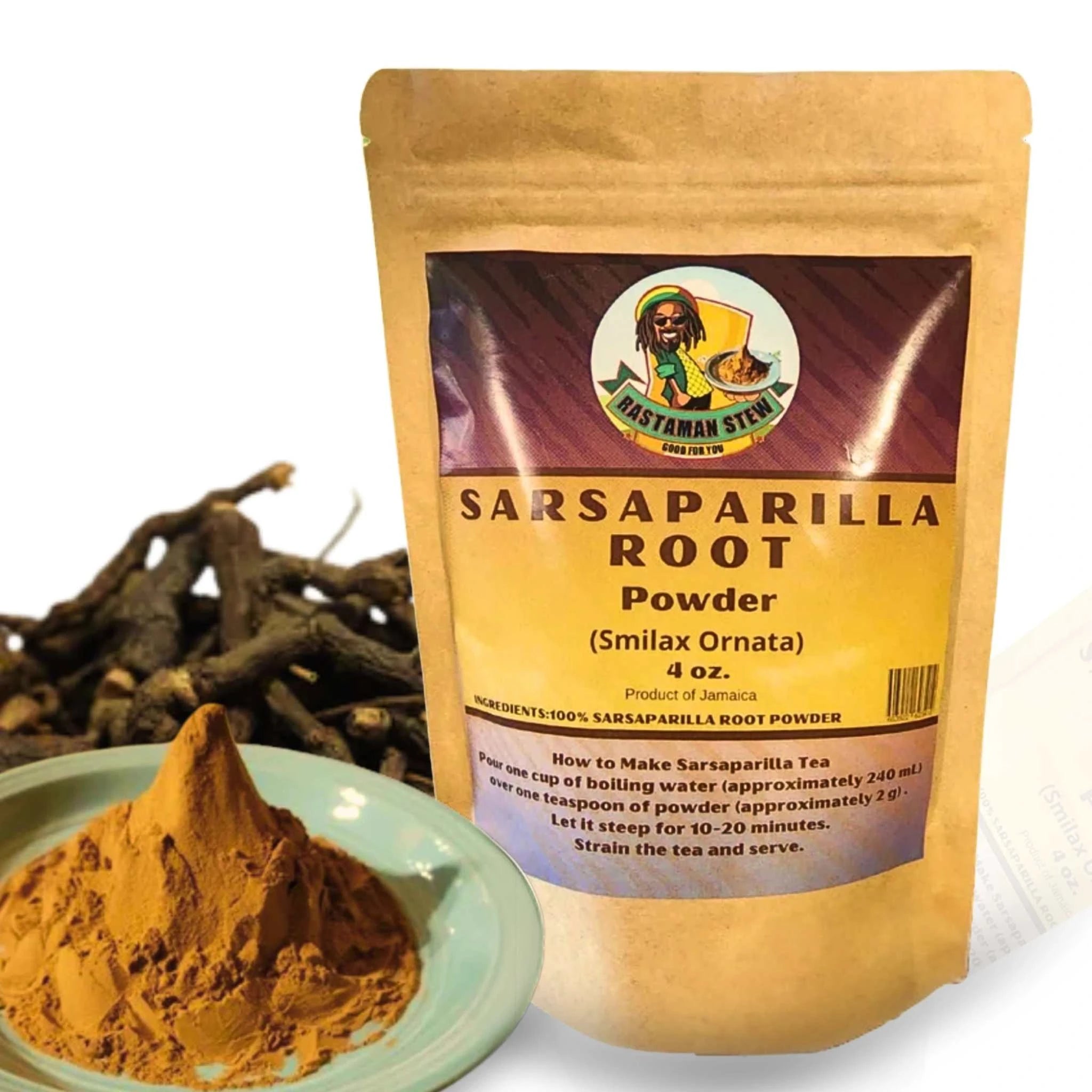 Natural sarsaparilla tea made from powdered sarsaparilla root, ideal for a soothing herbal drink.