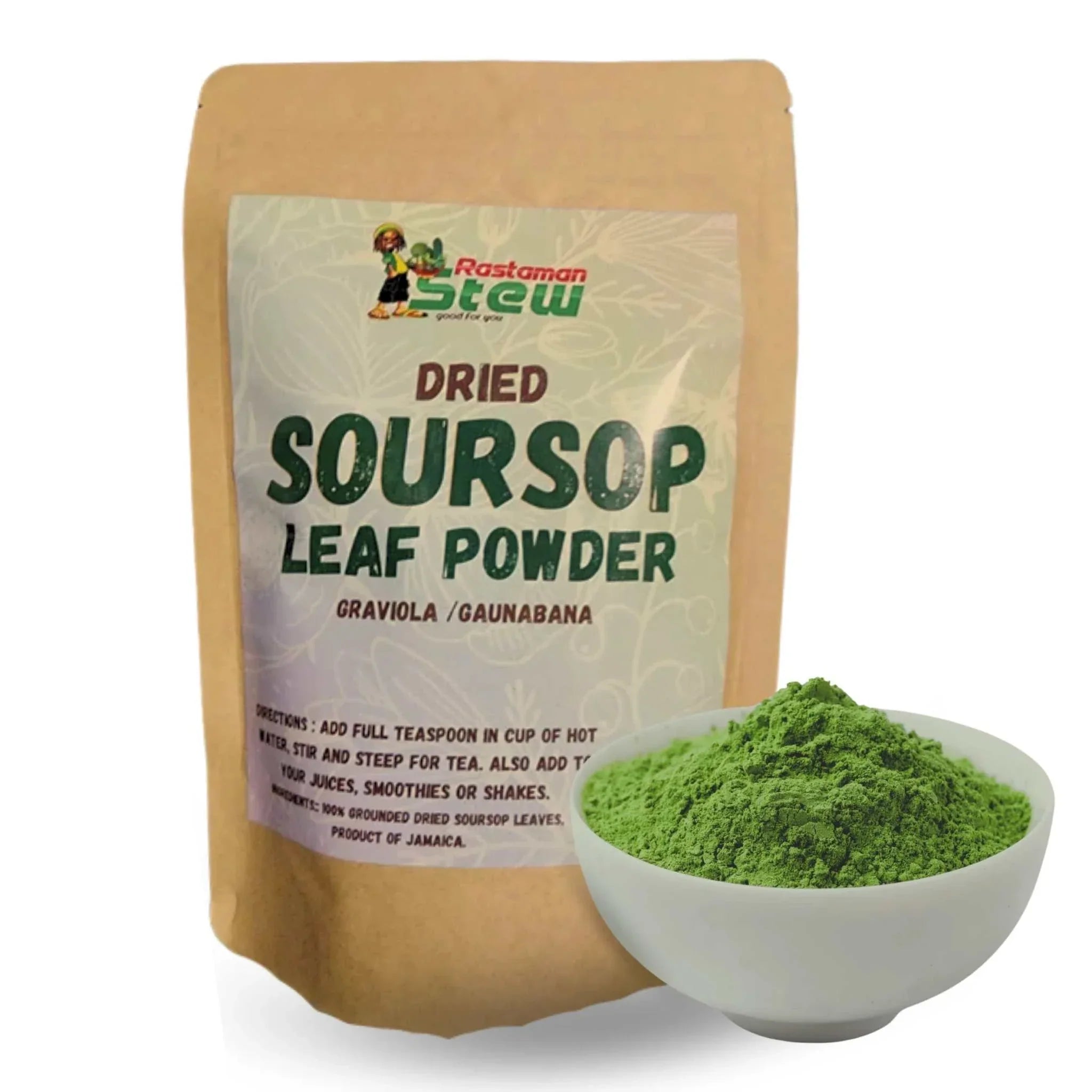 RastaMan Stew soursop powder tea featuring finely grounded Graviola leaves and stems, rich in antioxidants, 113 grams.