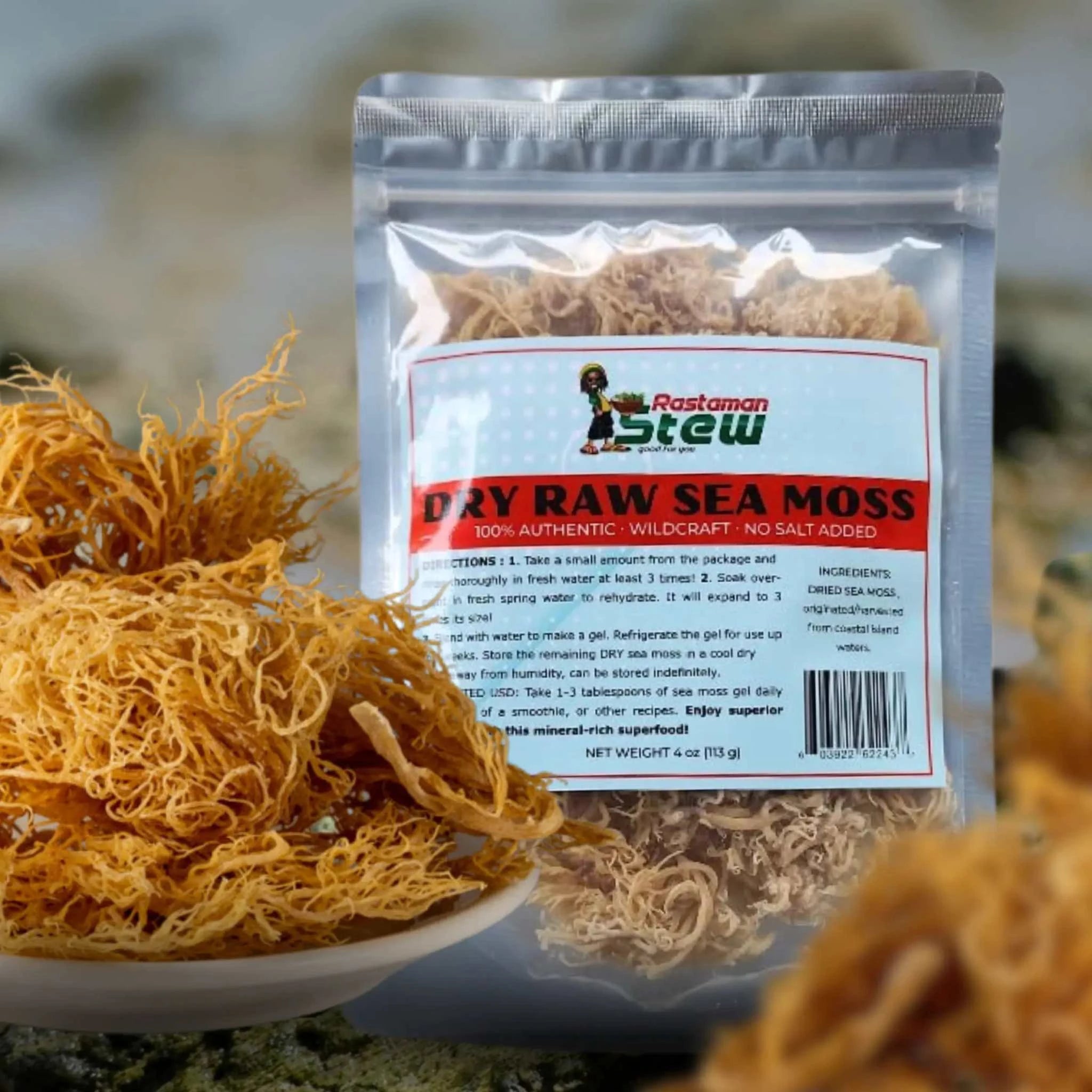 RastaMan Stew Jamaican Sea Moss 4oz resealable pack, raw wildcrafted and sun-dried for nutrition and health.