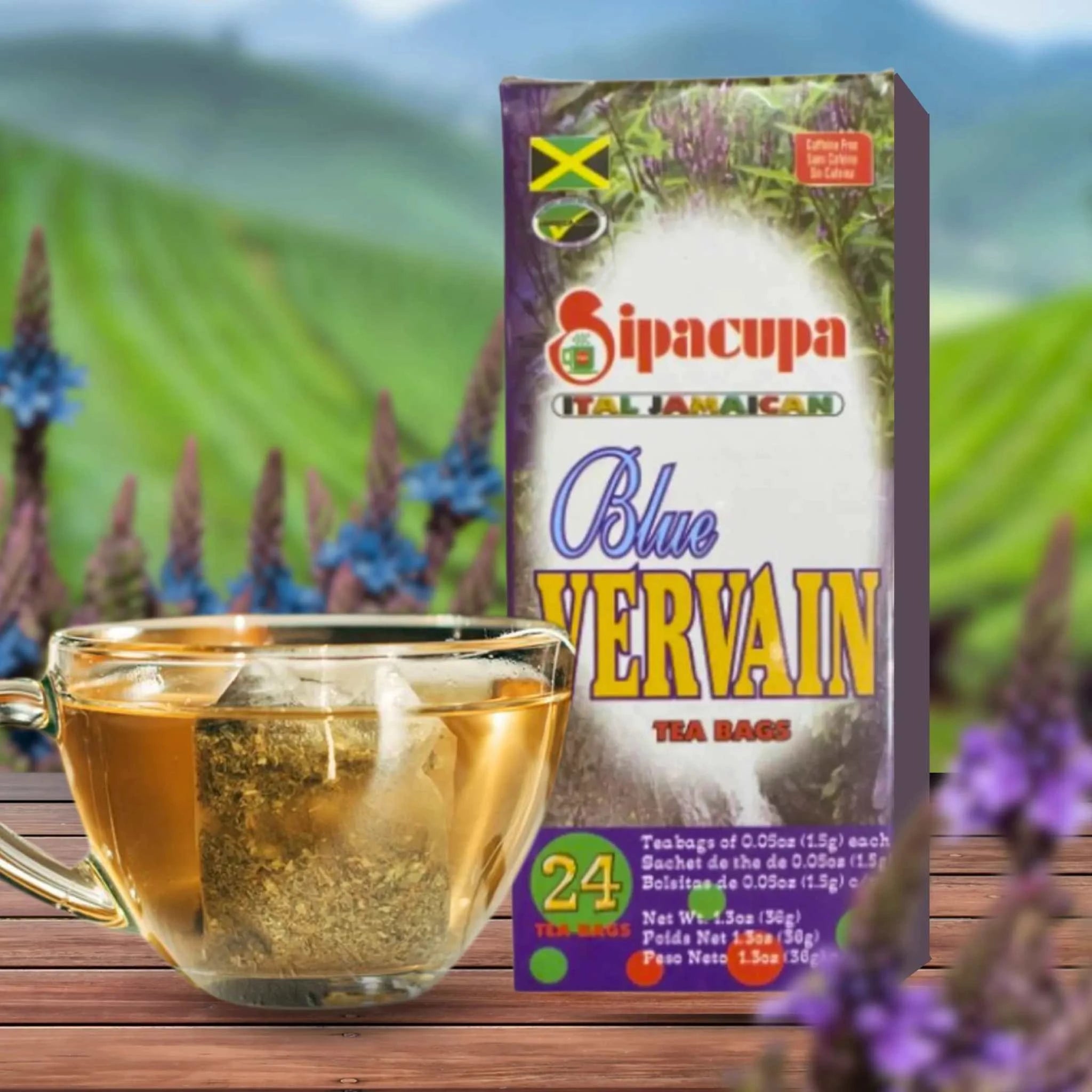 Sipacupa Blue Vervain Herbal Organic 24 Tea Bags with Jamaican roots and leaves for calming benefits.