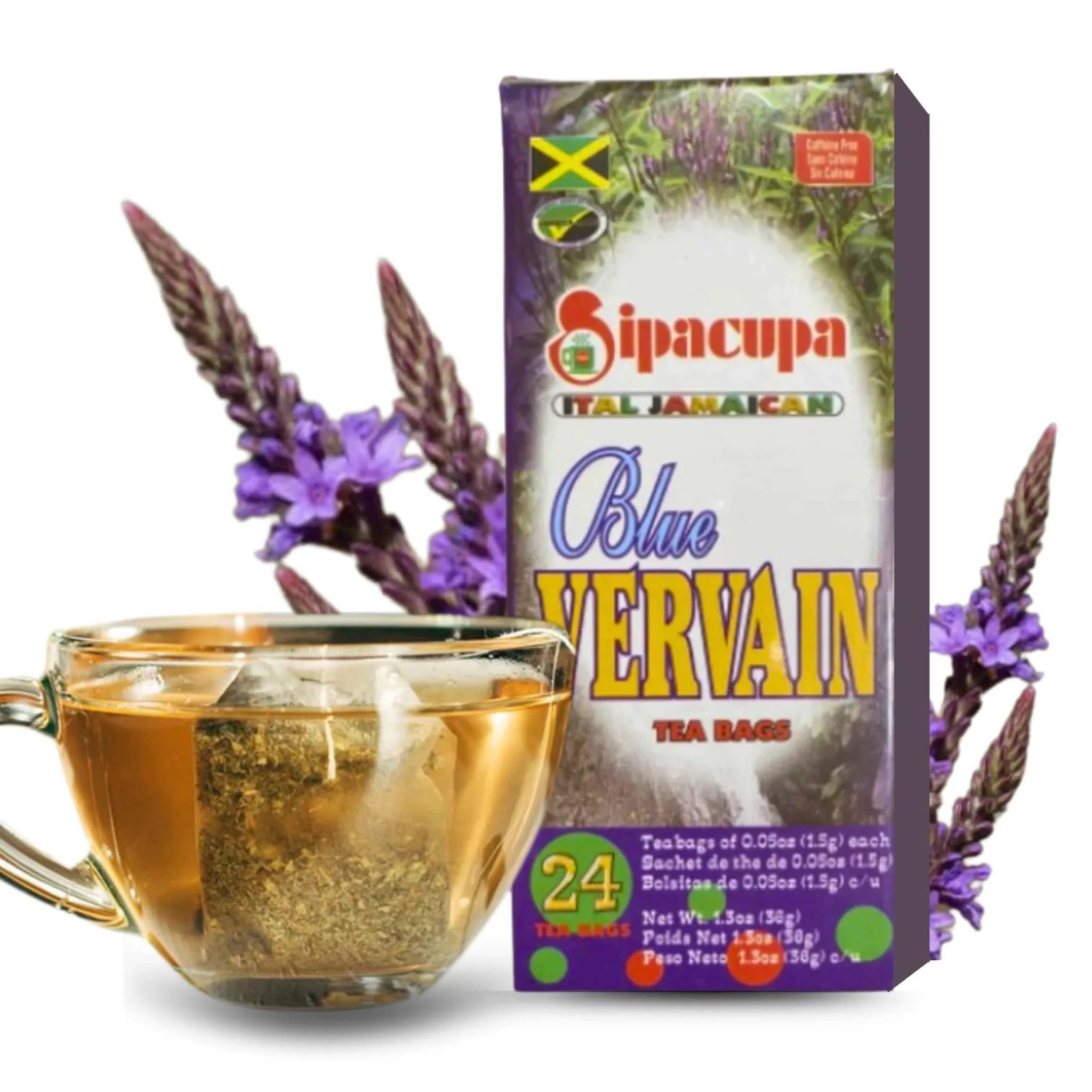 Sipacupa Blue Vervain Herbal Organic Tea Bags with 24 sachets, calming benefits.