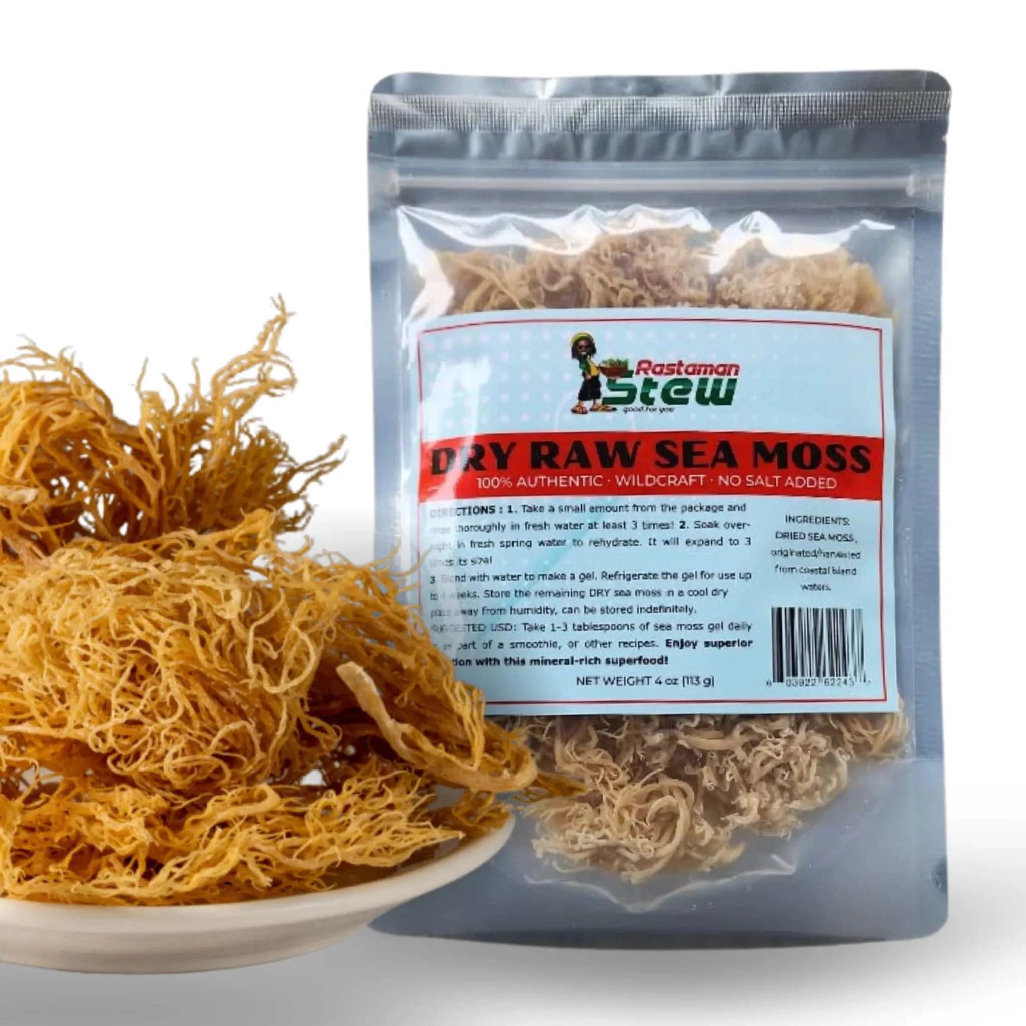 Jamaican Sea Moss 4 oz; nutrient-rich, wildcrafted, sun-dried superfood in resealable pack for nutrition and health.