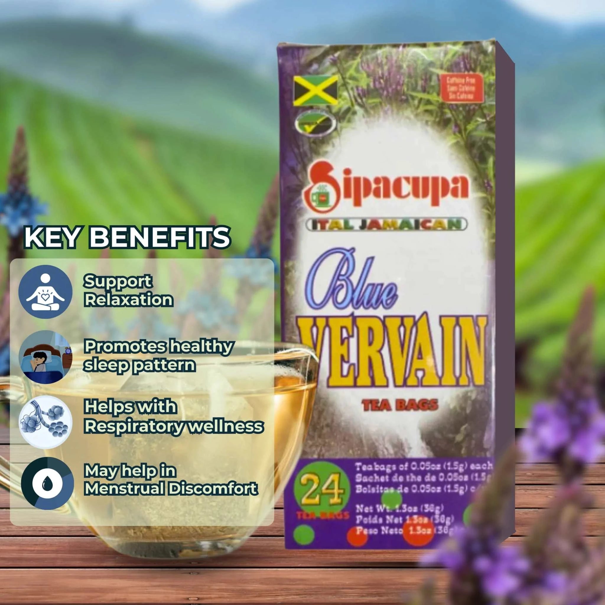 Sipacupa Blue Vervain Herbal Organic 24 Tea Bags with Jamaican roots and leaves for calming benefits.