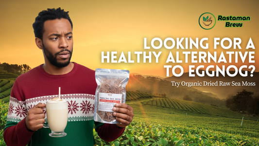 Person holding a glass of eggnog and a package of Jamaican sea moss, promoting organic sea moss as a healthy alternative to eggnog.