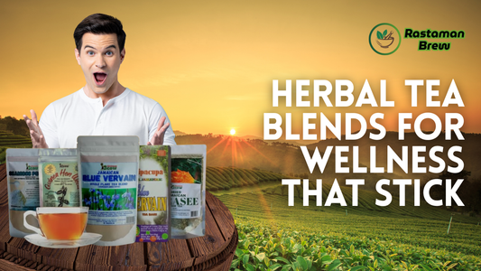 Rastaman Brew herbal tea blends for wellness displayed on a wooden table with Jamaican botanicals like blue vervain, guinea hen weed, and sarsaparilla against a scenic plantation sunrise.