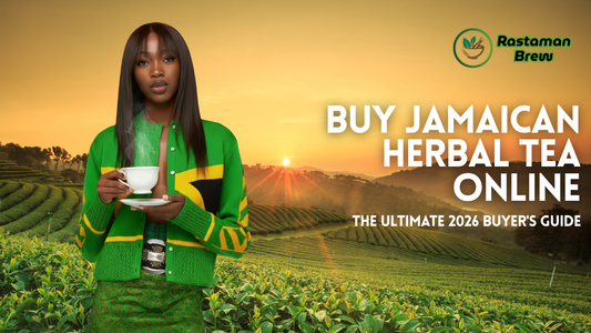 Person holding a steaming cup in front of a lush Jamaican tea plantation at sunrise, promoting the option to buy Jamaican herbal tea online.