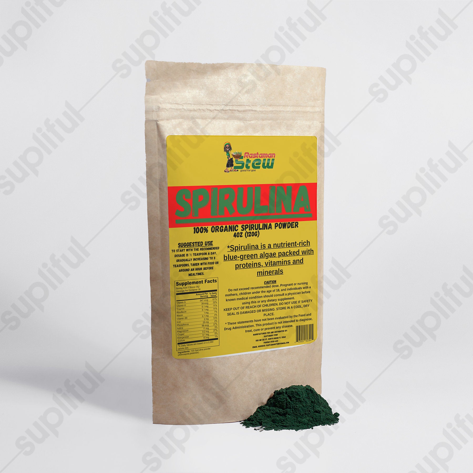 Rastaman Stew Organic Spirulina PowderSpirulina is a blue-green algae known for its high protein level and dense nutrient content. It is one of the world’s most well-known health supplements and has beenNatural ExtractsRastaman StewRastaman StewRastaman Stew Organic Spirulina Powder