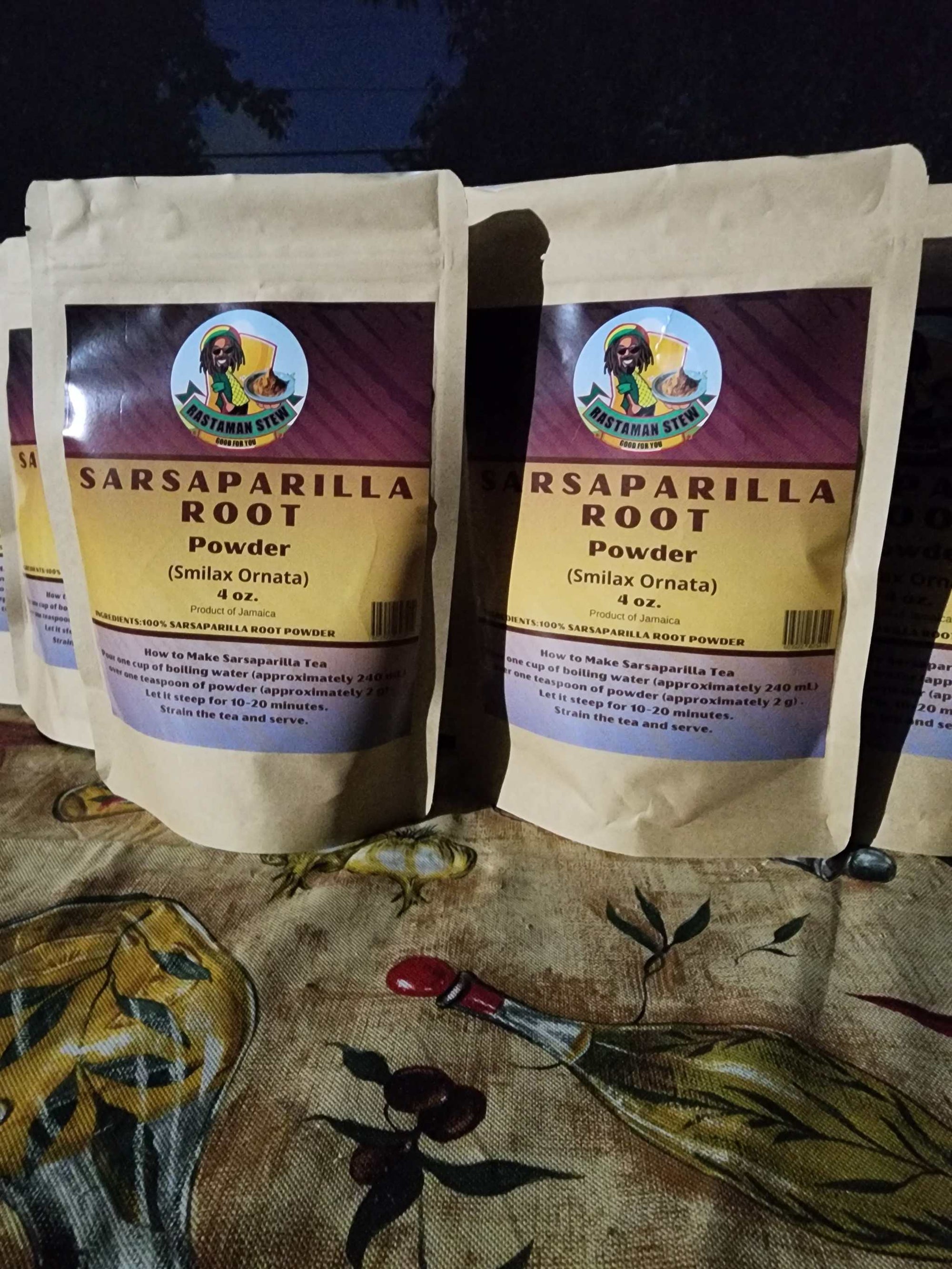 Sarsaparilla Powder Root Tea packaging with natural ingredients for joint and skin health benefits.