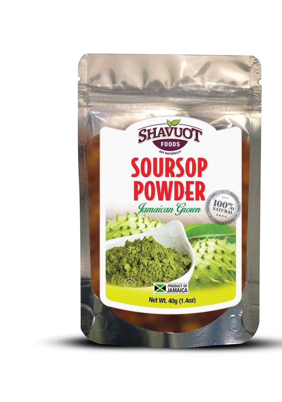 Shavuot Soursop powder packaging featuring 100% natural Jamaican-grown soursop.