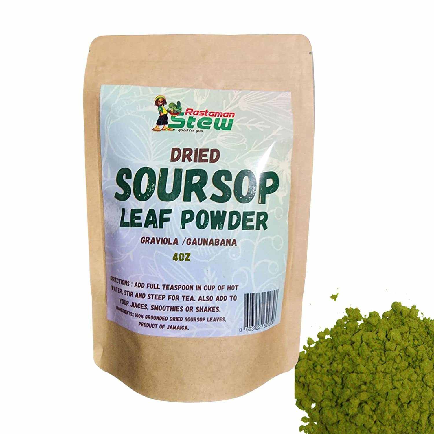 RastaMan Stew Grounded Soursop Leaf Tea Powder 113g, organic, rich in antioxidants.