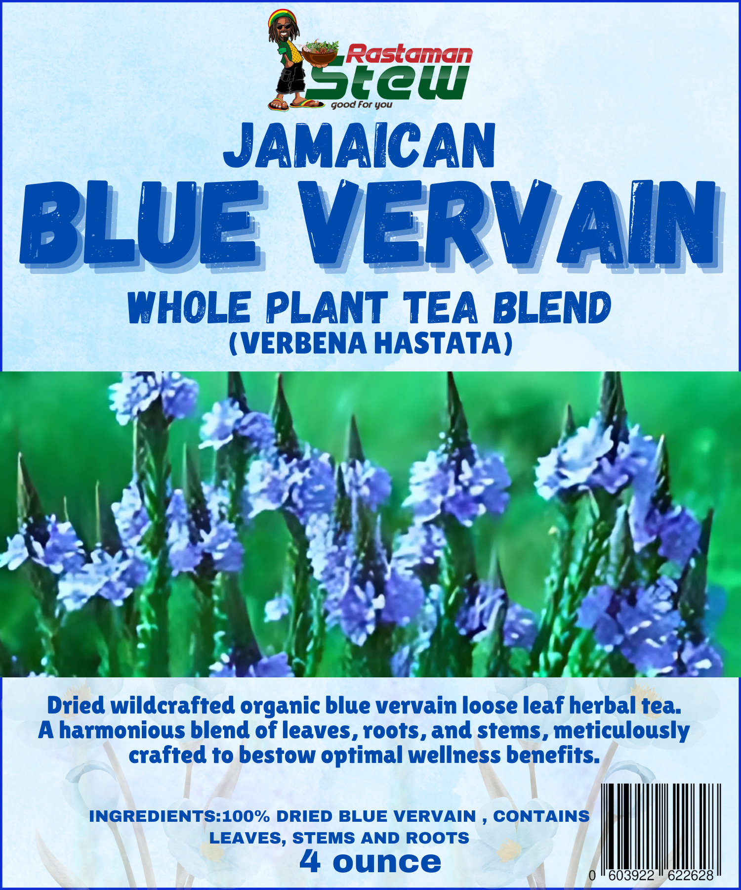 Rastaman Stew Jamaican Blue Vervain Loose Leaf Tea, Herbal Relaxation Blend