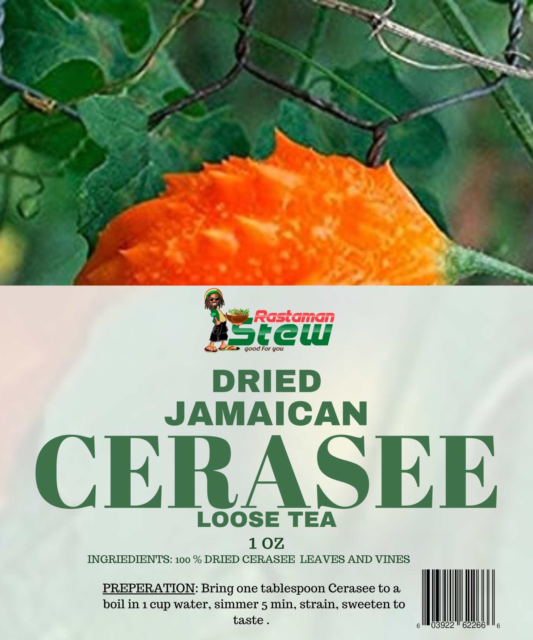 Jamaican Cerasee Loose Tea Bitter Melon 2oz package with organic ingredients and preparation guide.