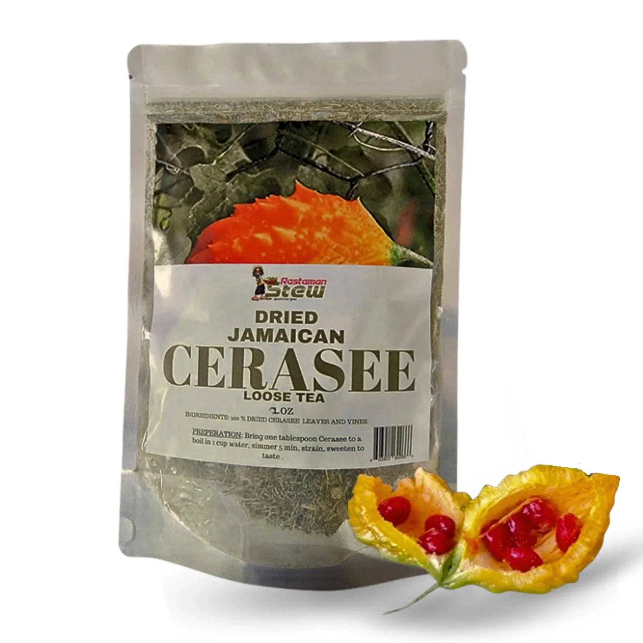 Close-up of Dried Jamaican Cerasee Loose Tea with cerasee bitter melon leaves, 2oz Rastaman Stew packaging.