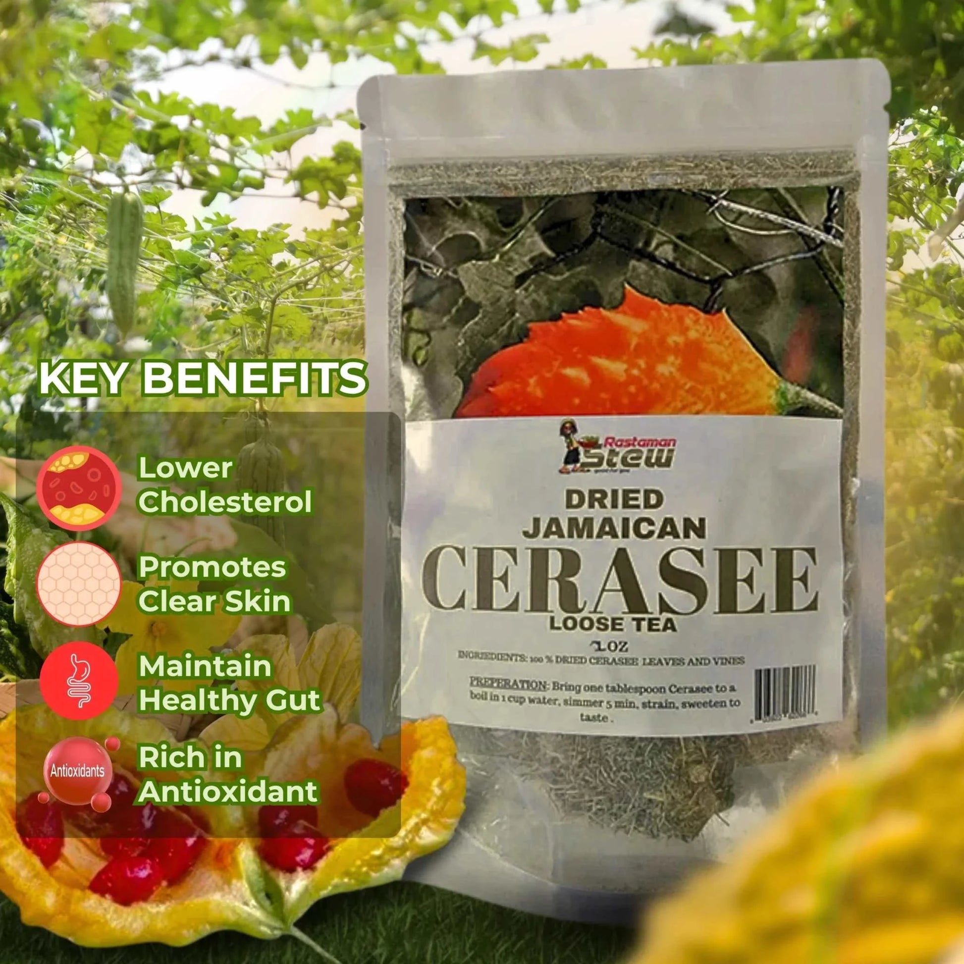 Dried Jamaican Cerasee loose tea package containing jamaican bitter melon leaves