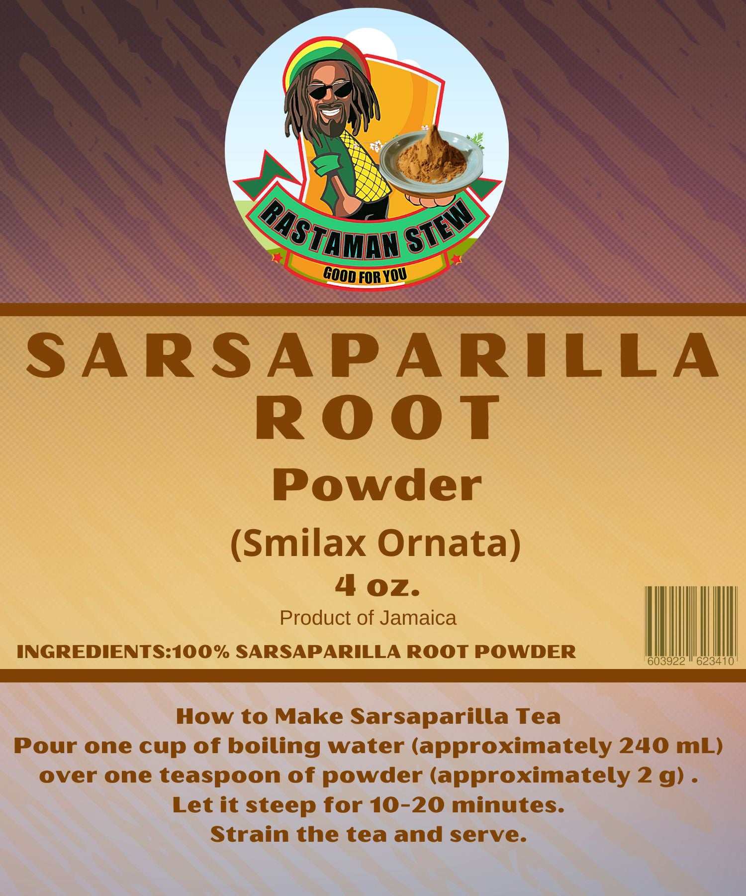 Sarsaparilla Powder Root Tea packaging with preparation instructions.