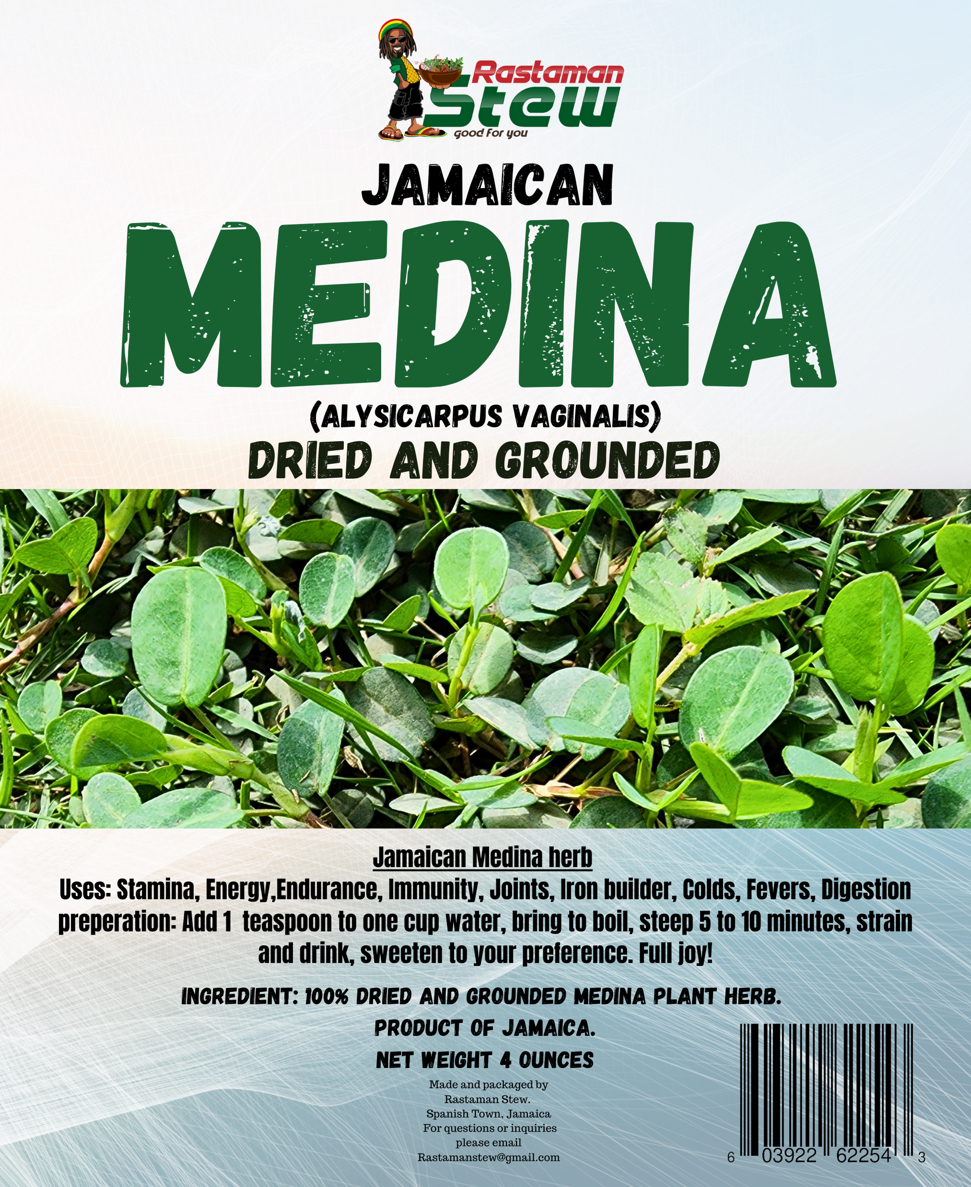 Rastaman Stew Jamaican Medina dried ground herb package, 4oz, authentic herbal tea.