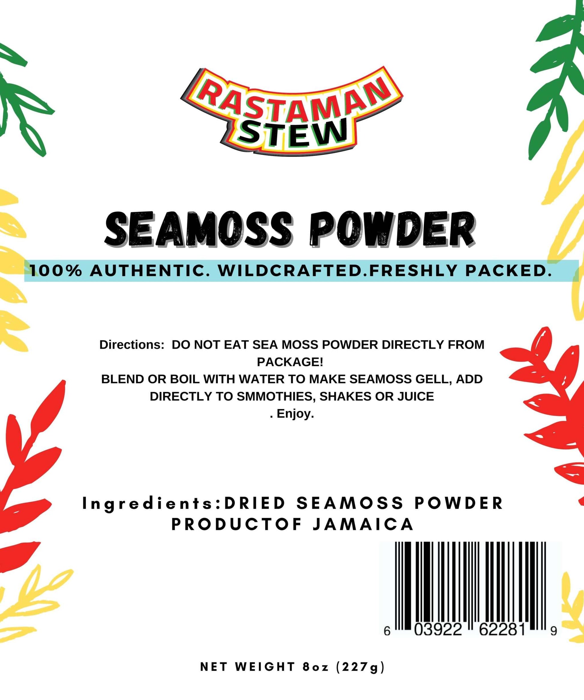 Jamaican Sea Moss Powder 8oz packaging with preparation instructions and ingredients listed.
