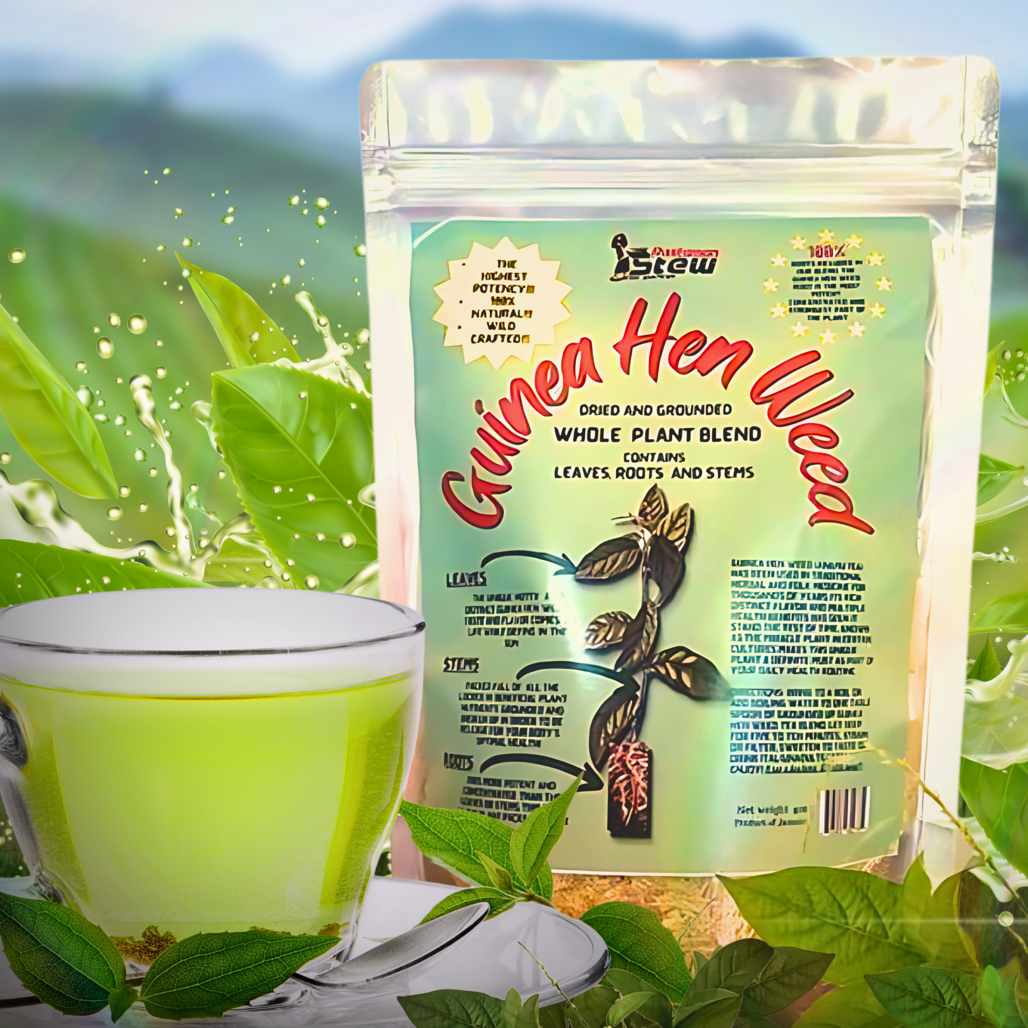Close-up of Rastaman Stew’s Guinea Hen Weed Tea showcasing dried guinea hen weed leaves in loose tea form.