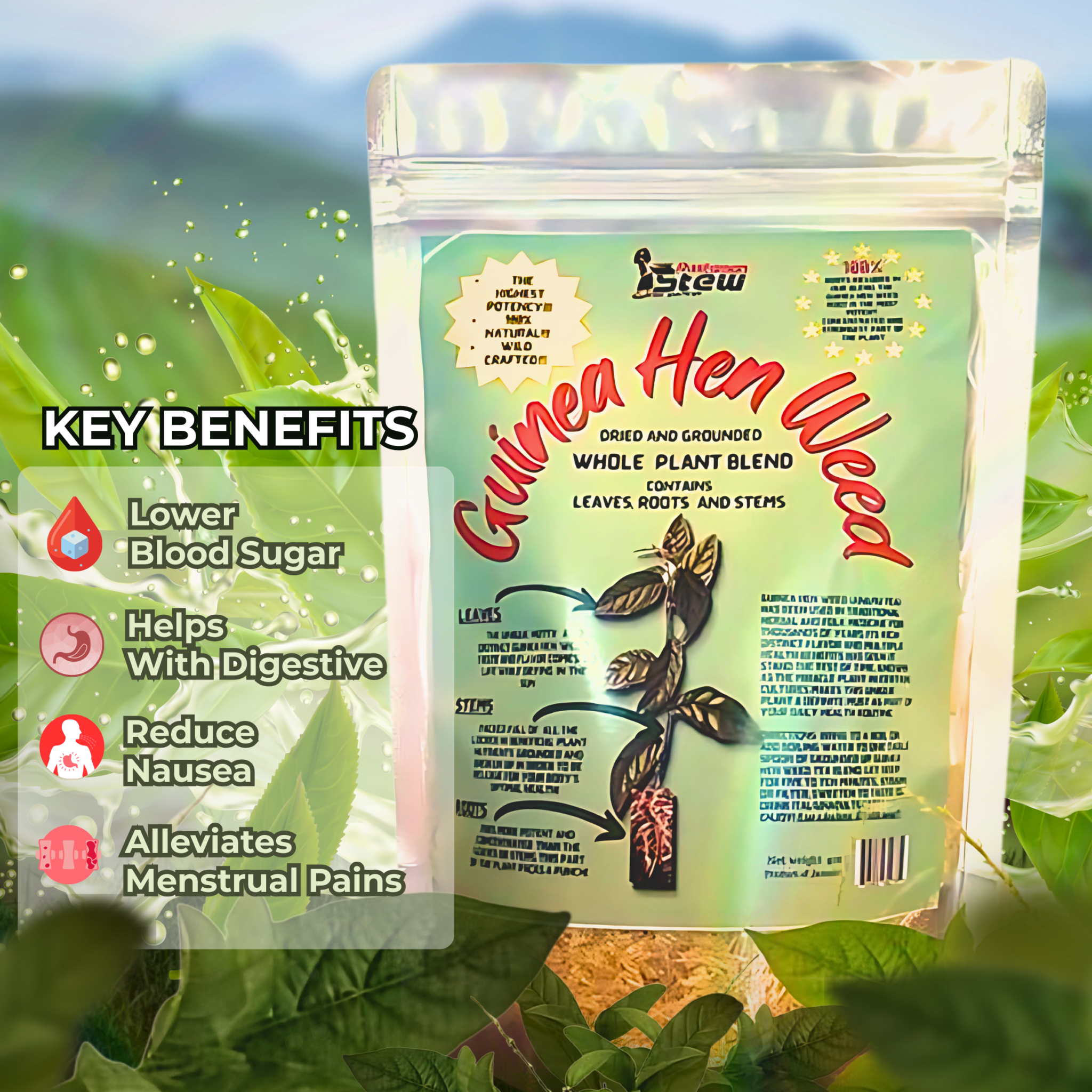 Guinea Hen Weed Tea by Rastaman Stew Brand, premium dried guinea tea leaves in a natural 2oz pack.