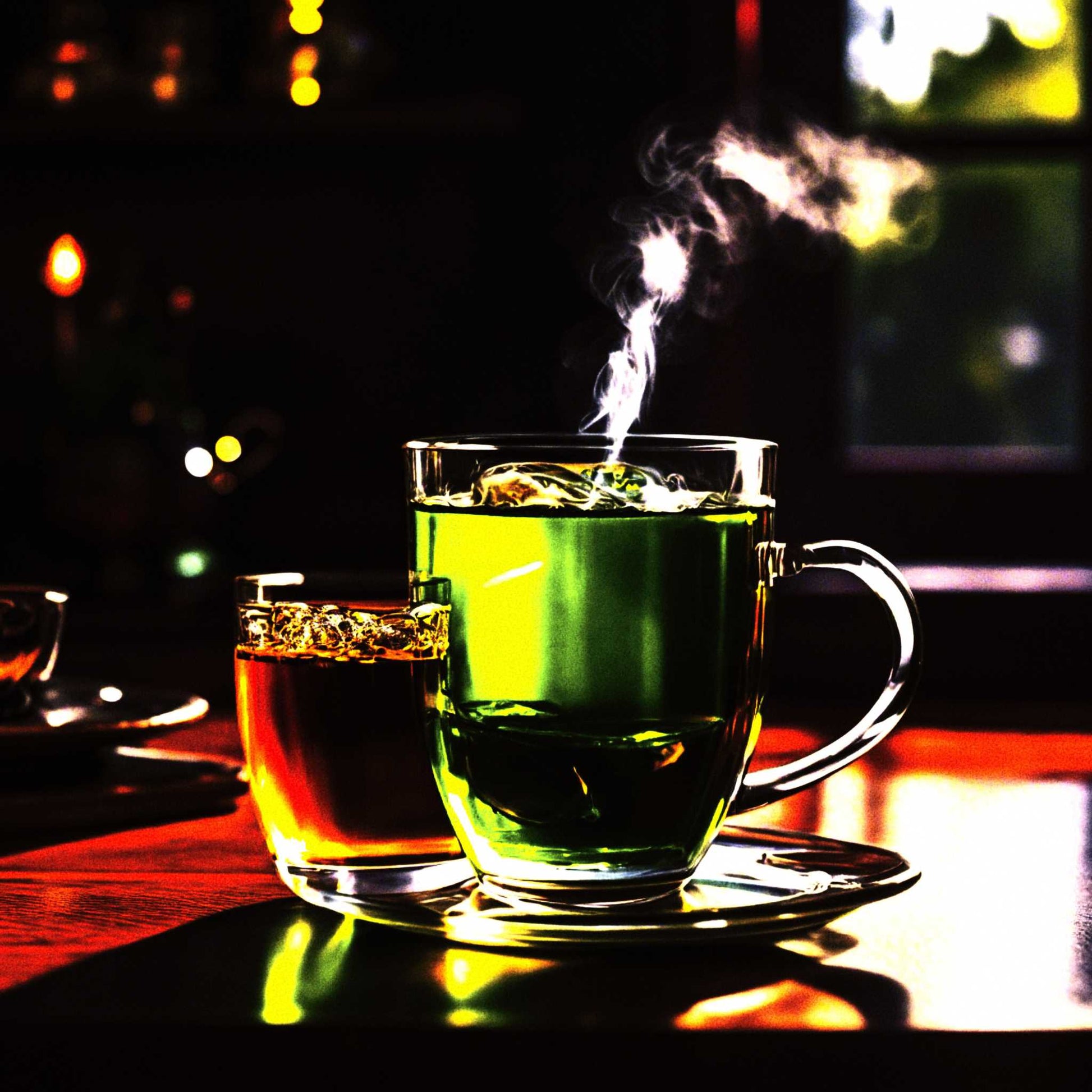 Rastaman Stew Jamaican Medina herbal tea in a steaming glass cup on a saucer, set on a wooden table.