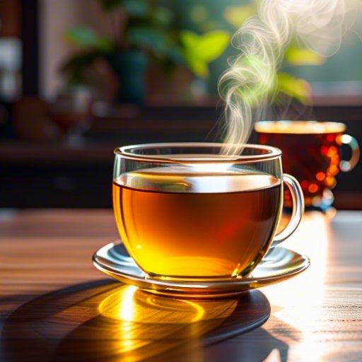 Rastaman Stew Jamaican Medina dried herb tea in a steaming cup on a wooden table.