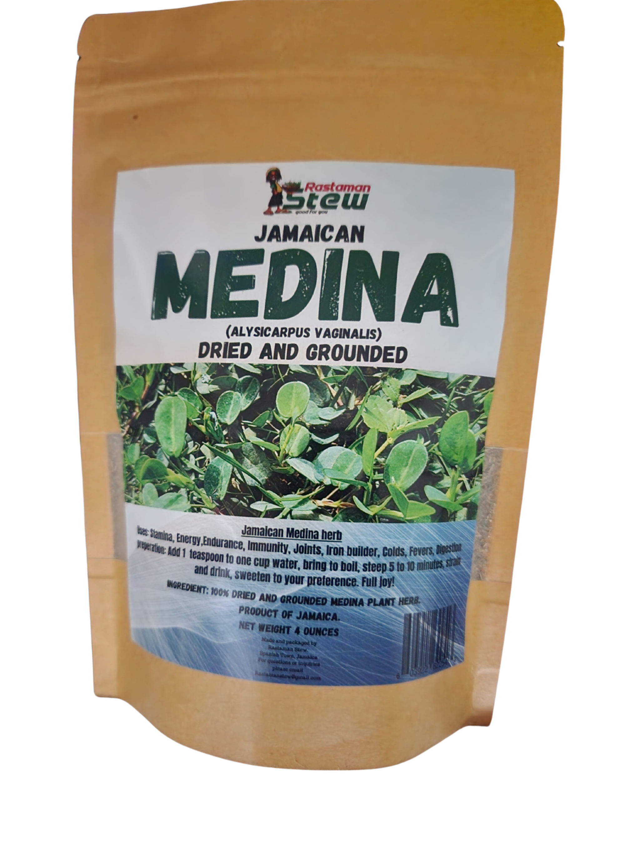 Rastaman Stew Jamaican Medina dried and ground herb 4oz packaging.