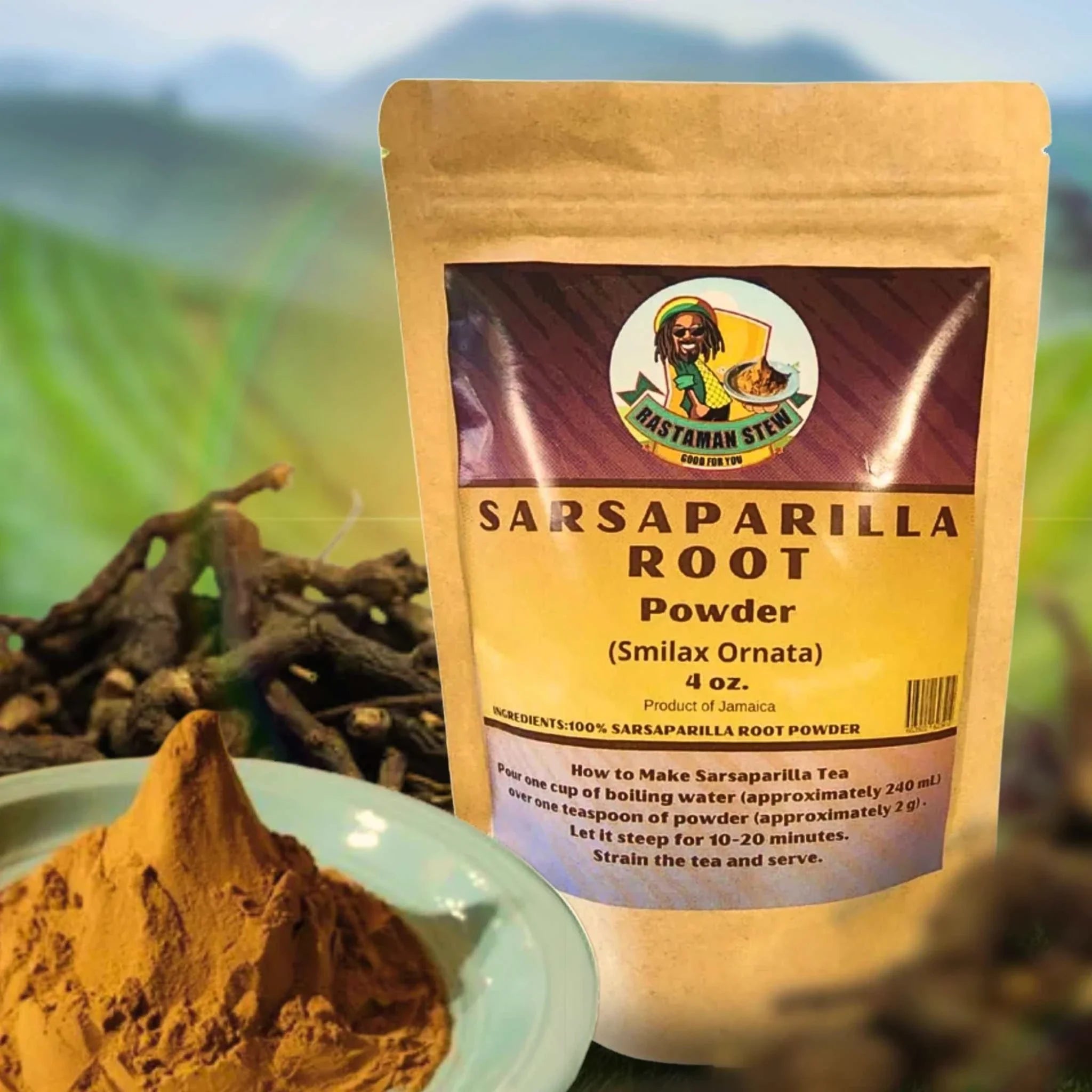 Close-up of pure sarsaparilla root powder used for making healthful sarsaparilla root tea.