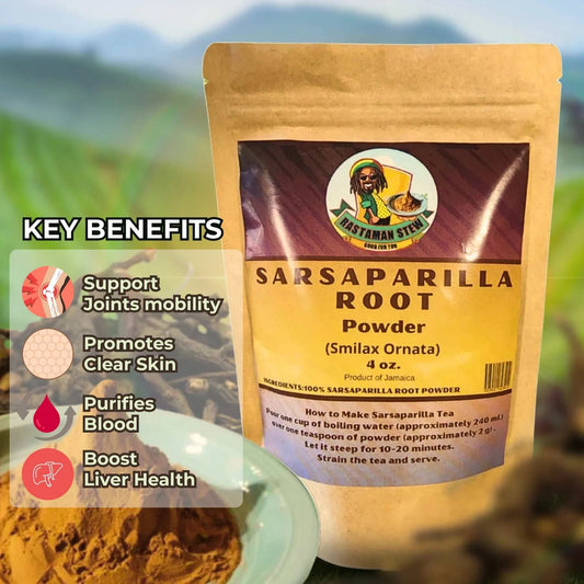 Package of sarsaparilla root tea powder for brewing sarsaparilla root tea