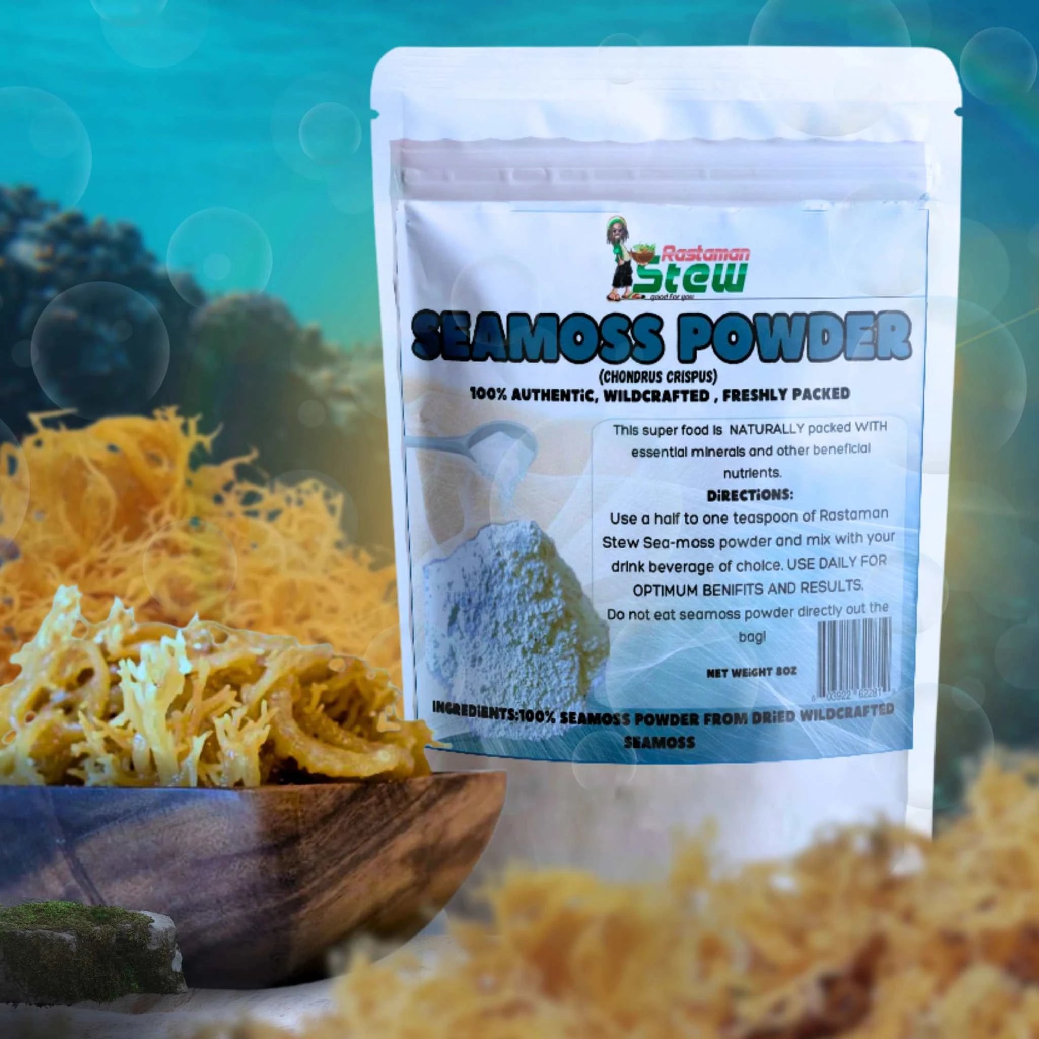 8oz pack of Jamaican Sea Moss Powder available to buy sea moss tea online for wellness benefits.