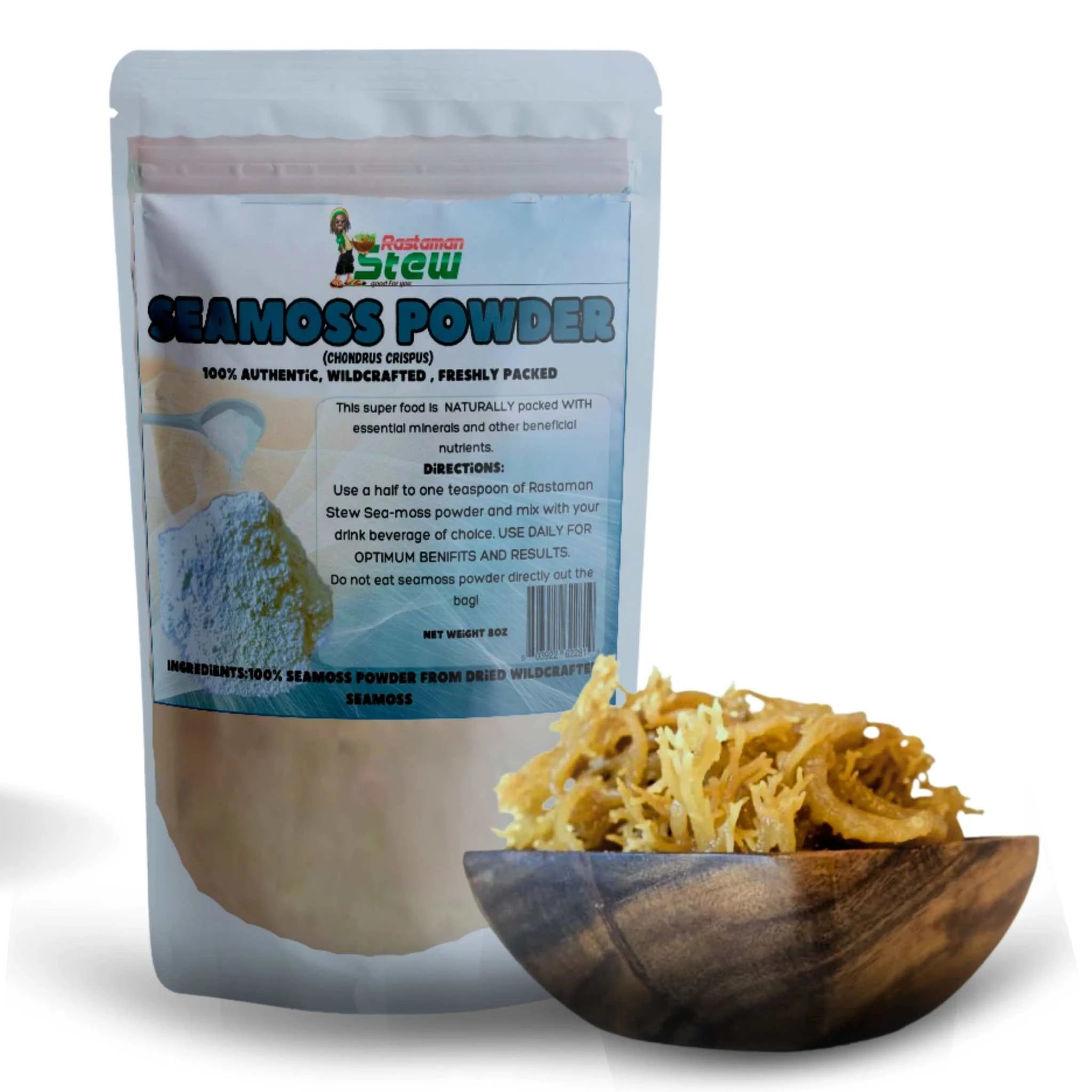 Natural Jamaican Sea Moss Powder used to brew healthy sea moss herbal tea, 8oz container.