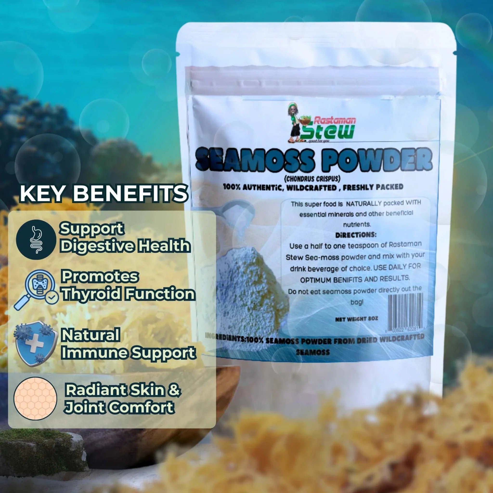 Jamaican Sea Moss Powder 8oz package, perfect for making nutritious sea moss tea.