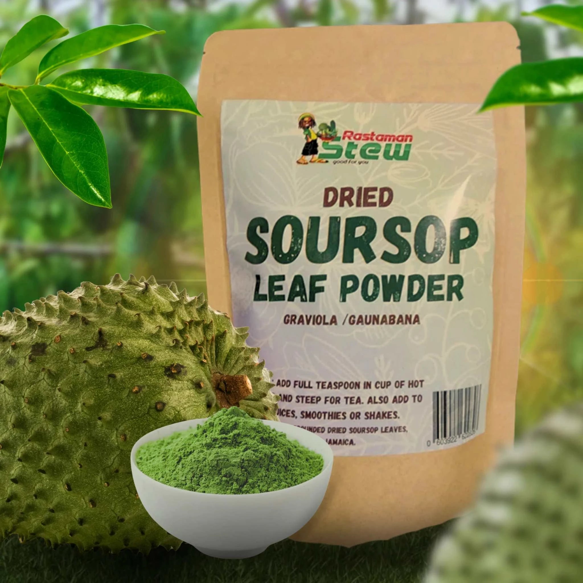Close-up of RastaMan Stew’s organic grounded soursop leaf powder, perfect for herbal tea preparation, 4oz container.