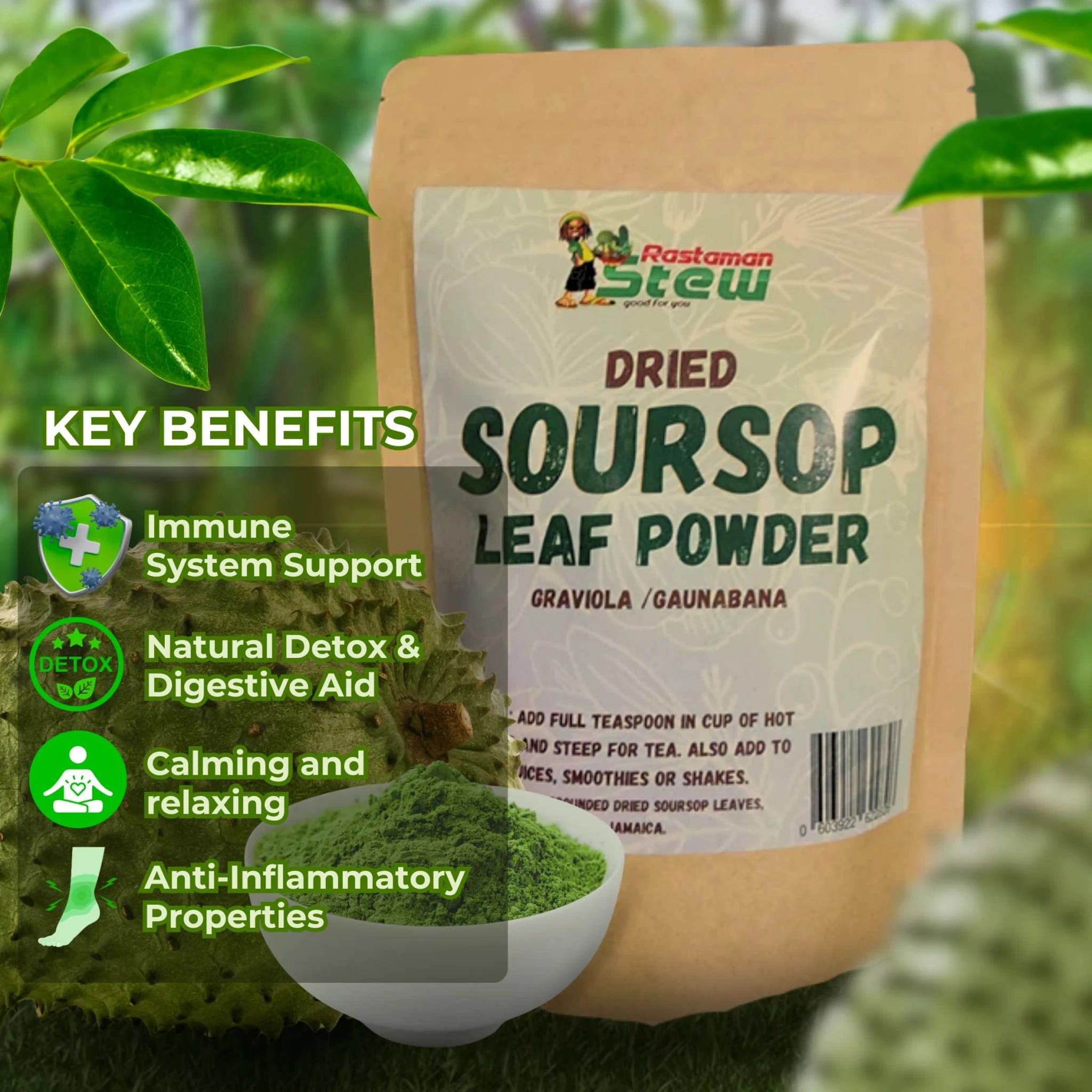 RastaMan Stew Grounded Soursop Leaf Tea Powder 113g pack made from organic soursop powder with no added preservatives.