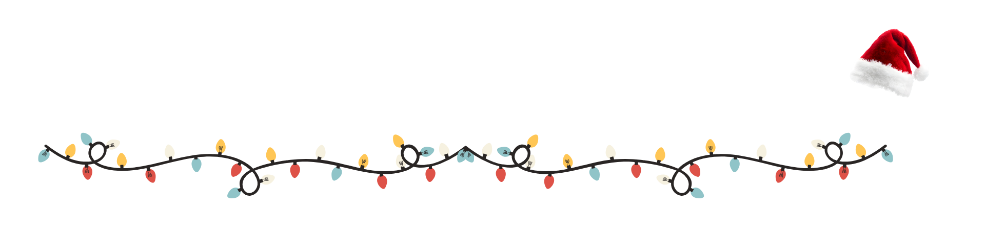 String of colorful Christmas lights with a Santa hat on a white background.