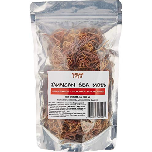 Close-up of raw sea moss, wildcrafted and dried, 4oz organic pack