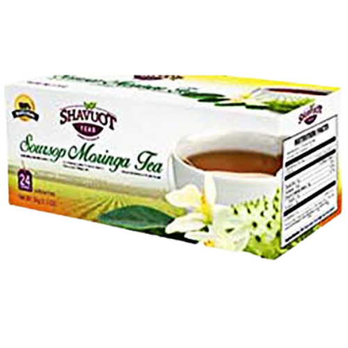 Shavuot Soursop Moringa Tea 24 Teabags in packaging with soursop and moringa imagery.