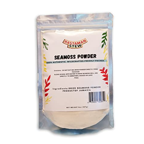 Jamaican Sea Moss Powder 8oz in resealable packaging with vibrant design.