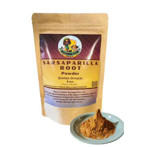 Sarsaparilla powder root tea packaging with bowl of powder.