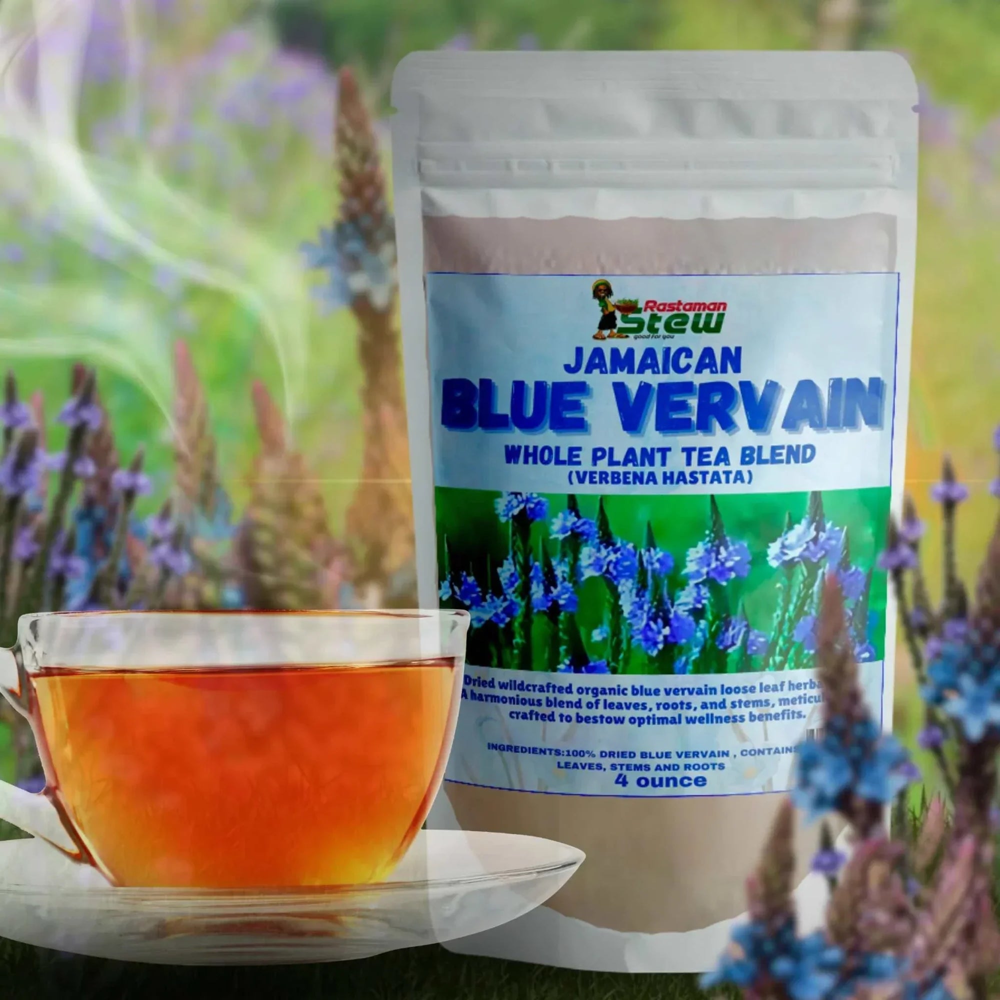 Rastaman Stew Jamaican Blue Vervain Loose Leaf Tea packaging with a cup of brewed tea against a floral background.