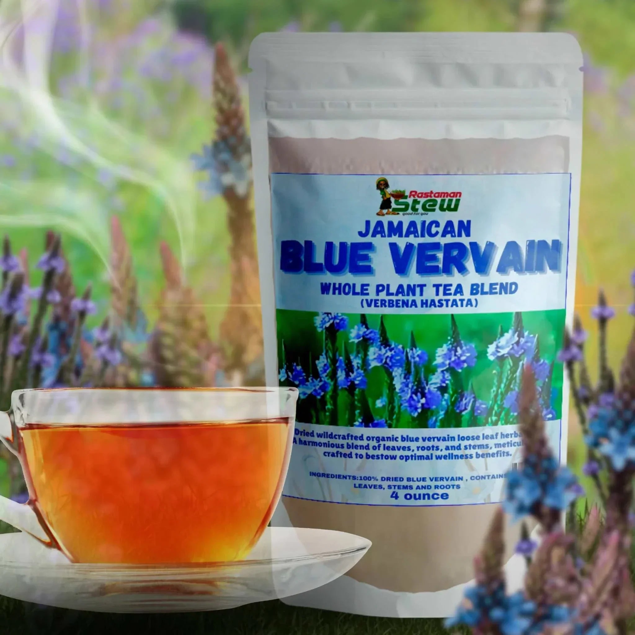 Rastaman Stew Jamaican Blue Vervain Loose Leaf Tea packaging with a cup of brewed tea against a floral background.