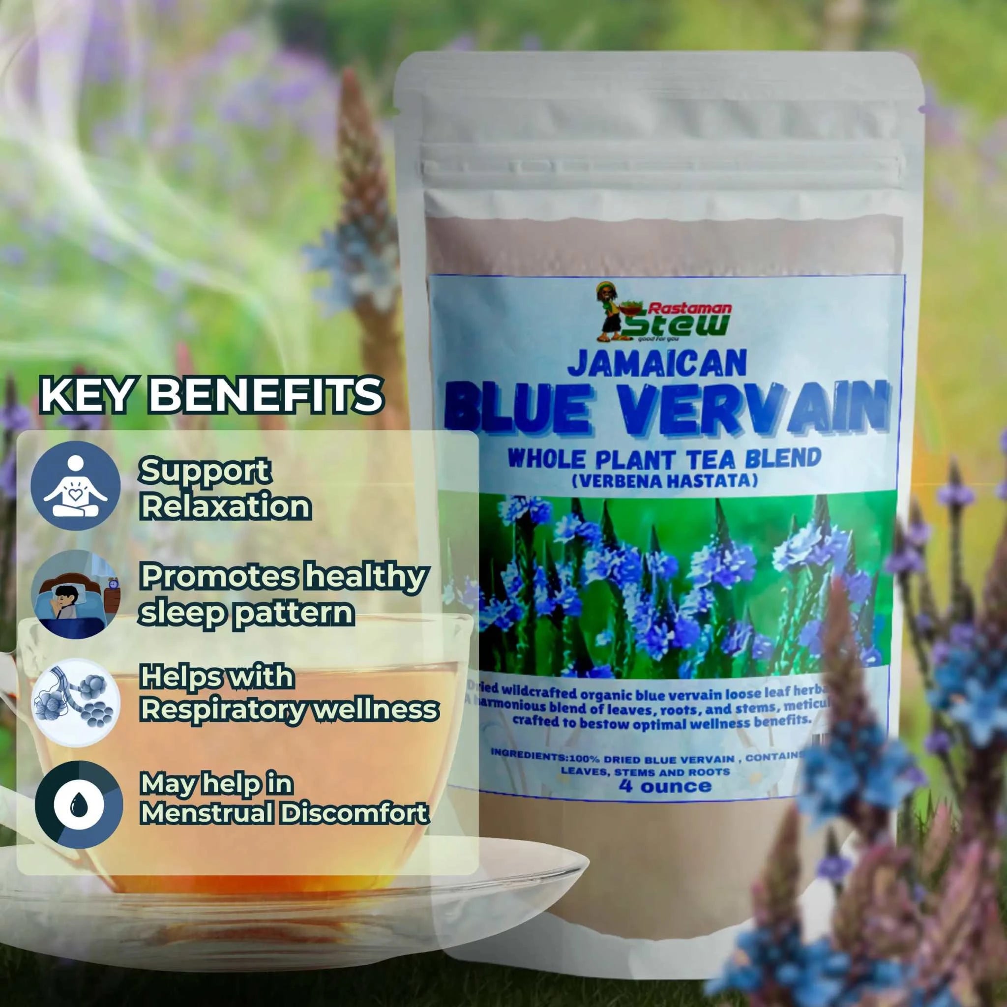 Rastaman Stew Jamaican Blue Vervain Loose Leaf Tea for relaxation and wellness, featuring organic herbal blend with calming and detoxifying properties.