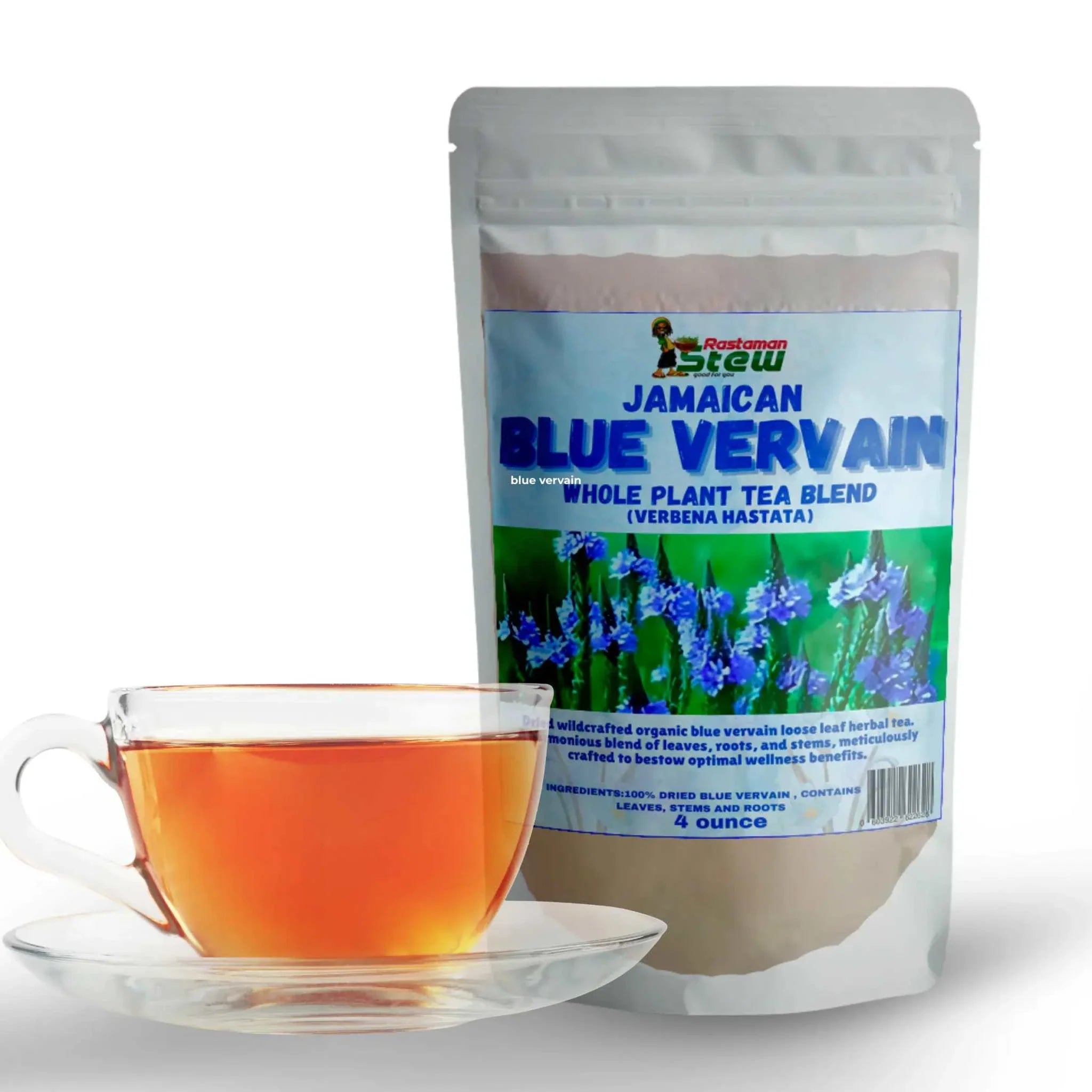 Rastaman Stew Jamaican Blue Vervain loose-leaf tea with cup, promoting relaxation and wellness.
