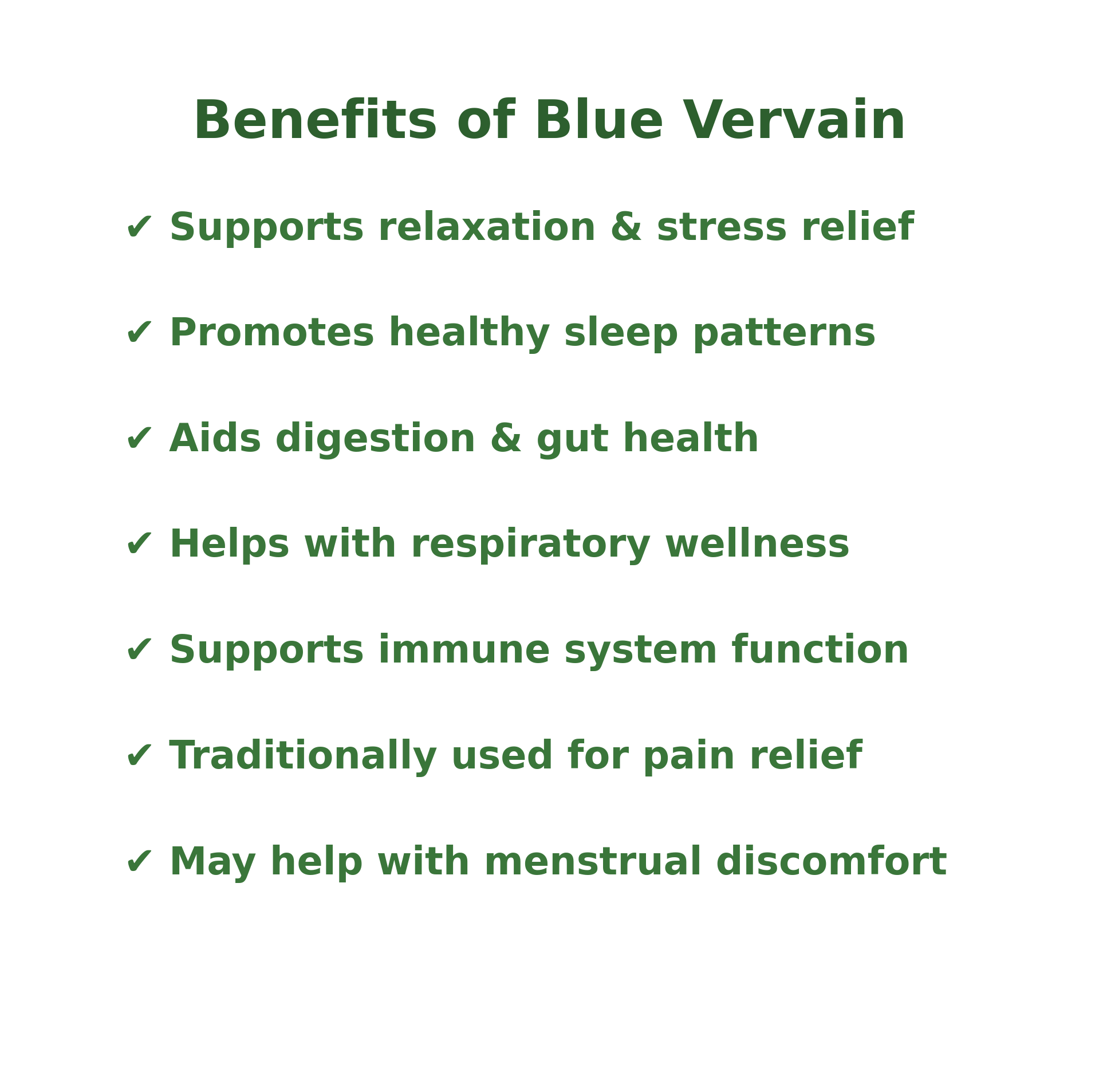 Benefits of Blue Vervain for relaxation, stress relief, gut health, respiratory wellness, immune support, pain relief, menstrual comfort.