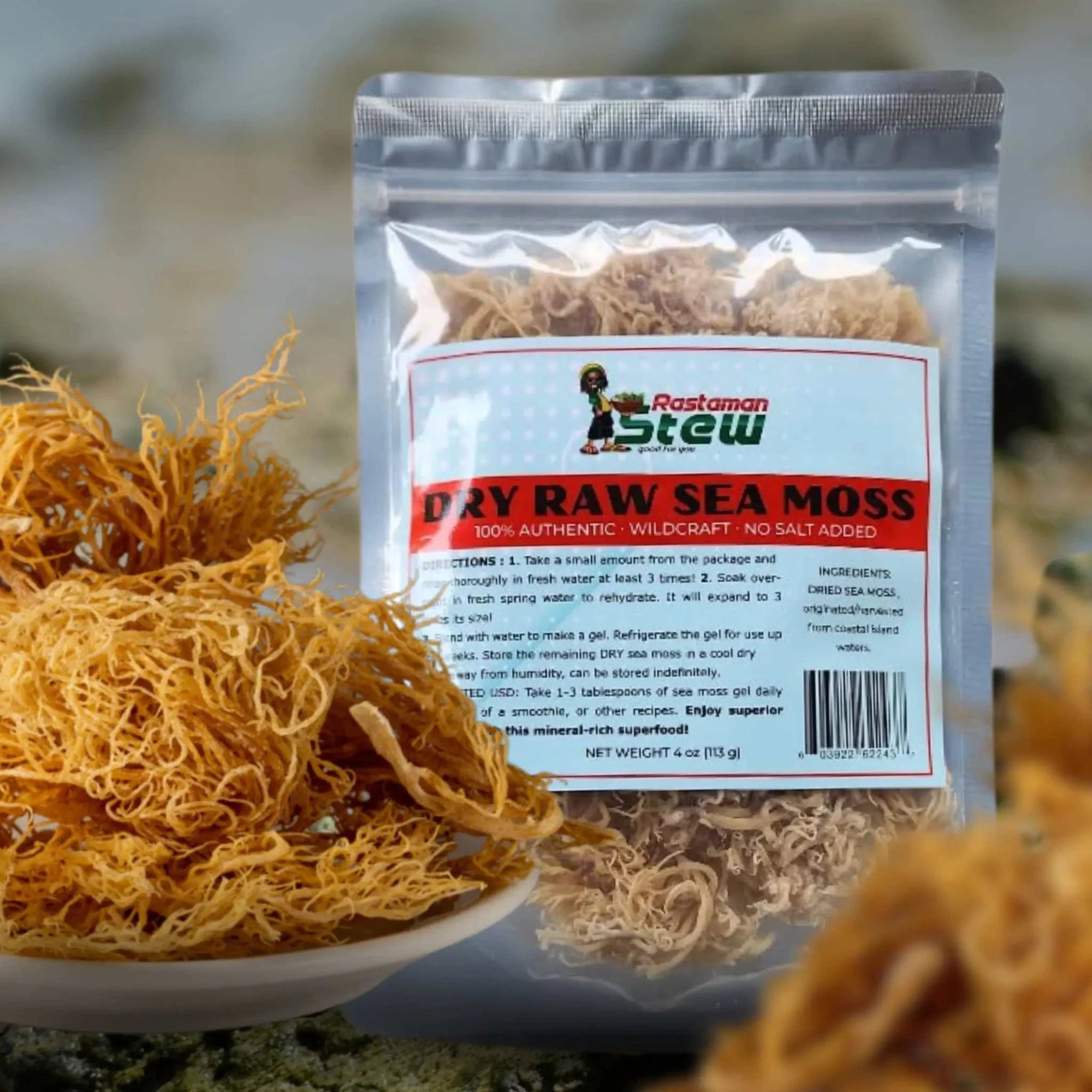 RastaMan Stew Jamaican Sea Moss 4oz resealable pack, raw wildcrafted and sun-dried for nutrition and health.