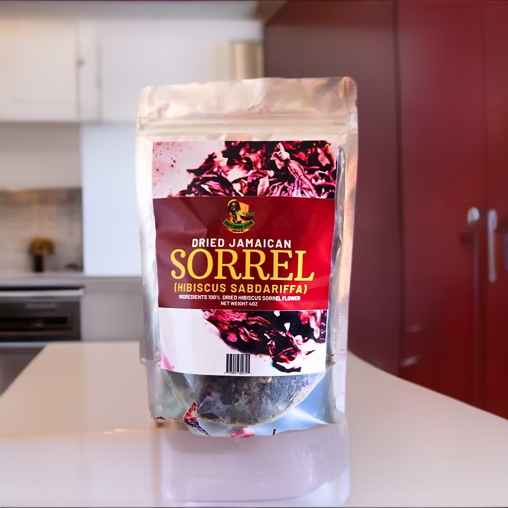 Dried Jamaican Sorrel Hibiscus packaging on a kitchen counter, highlighting organic herbs and health benefits.