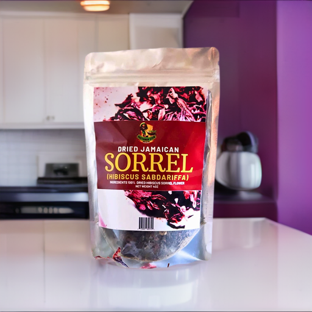 Dried Jamaican Sorrel Hibiscus in resealable bag on kitchen counter.