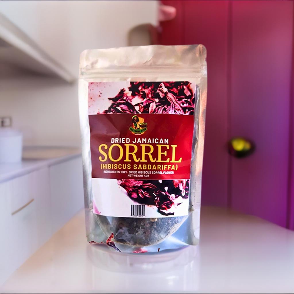 Dried Jamaican Sorrel Hibiscus in resealable package, perfect for tea or cooking, rich in antioxidants and vitamins.
