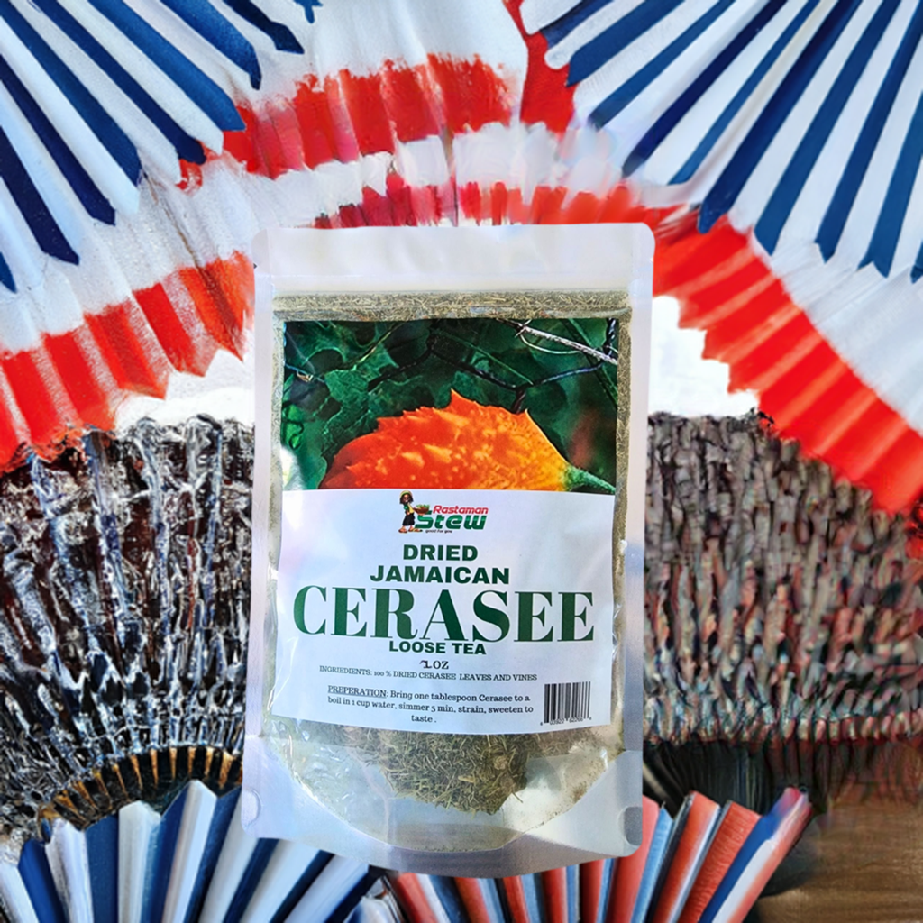 Dried Jamaican Cerasee Loose Tea, Bitter Melon 2oz Rastaman Stew packaging with a vibrant background.
